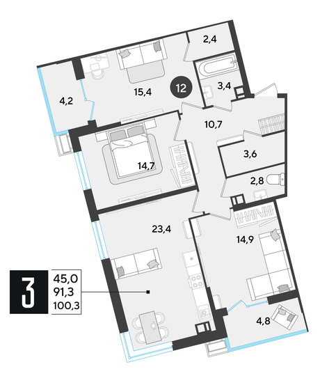 Найти недорогие квартиры в Краснодаре. Продажа 3-комнатной квартиры 100,3 м², 3/18 этаж