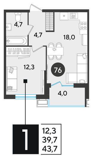 Найти недорогие квартиры в Краснодаре. Продажа 1-комнатной квартиры 43,7 м², 2/18 этаж