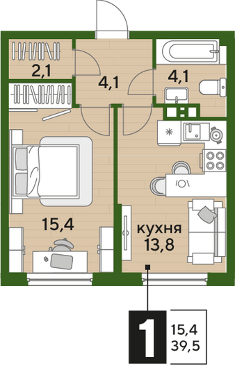 Найти недорогие квартиры в Краснодаре. Продажа 1-комнатной квартиры 39,5 м², 6/16 этаж