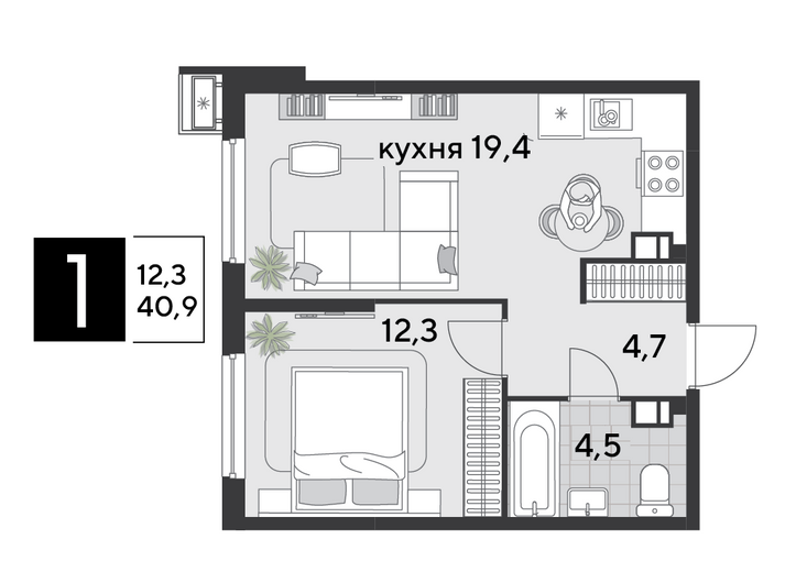 Найти недорогие квартиры в Краснодаре. Продажа 1-комнатной квартиры 40,9 м², 4/9 этаж