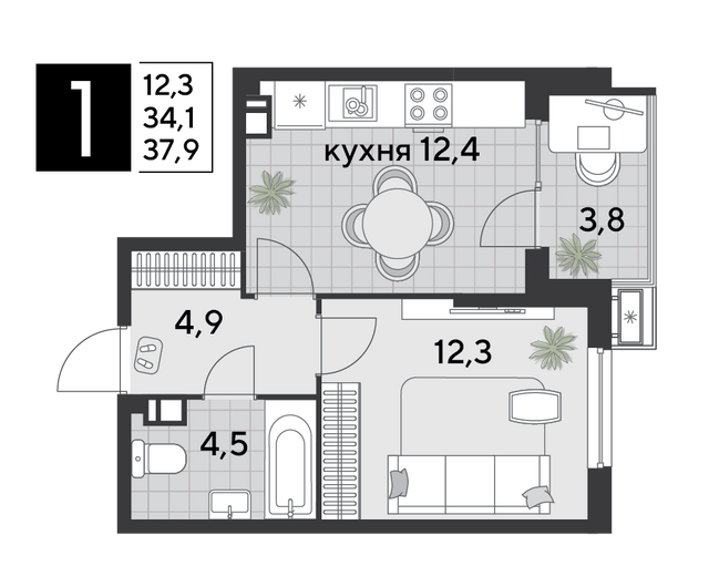 Найти недорогие квартиры в Краснодаре. Продажа 1-комнатной квартиры 37,9 м², 8/18 этаж