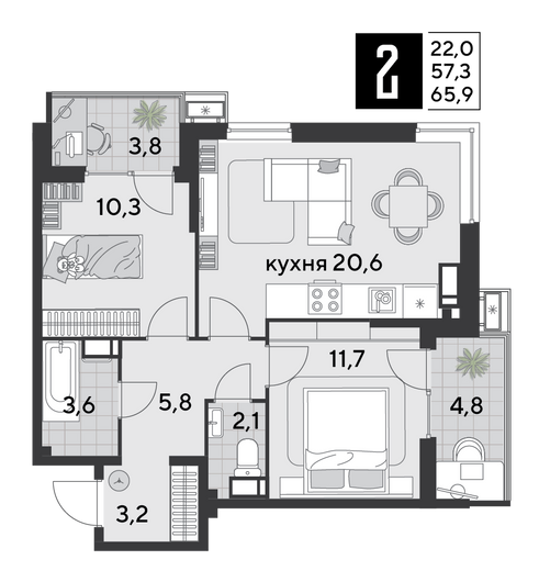 Найти недорогие квартиры в Краснодаре. Продажа 2-комнатной квартиры 65,9 м², 15/18 этаж