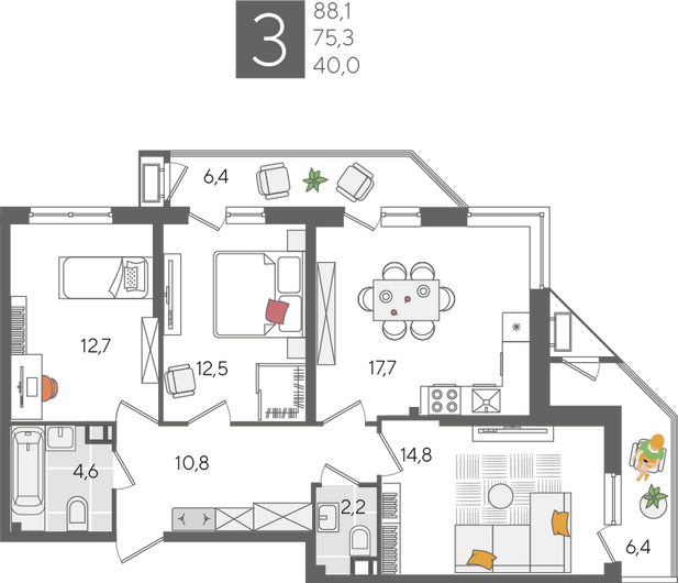 Найти недорогие квартиры в Краснодаре. Продажа 3-комнатной квартиры 88,1 м², 8/24 этаж