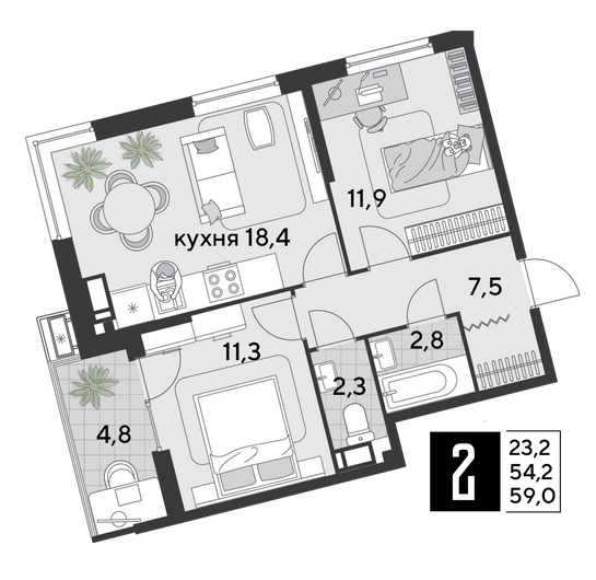 Найти недорогие квартиры в Краснодаре. Продажа 2-комнатной квартиры 59 м², 14/18 этаж