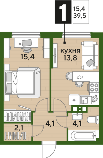 Найти недорогие квартиры в Краснодаре. Продажа 1-комнатной квартиры 39,5 м², 4/16 этаж