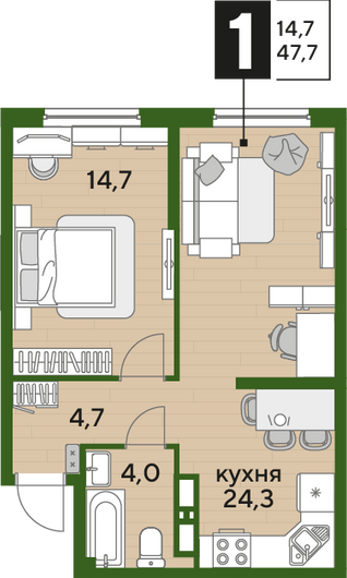 Найти недорогие квартиры в Краснодаре. Продажа 1-комнатной квартиры 47,7 м², 15/19 этаж