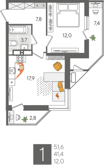 Найти недорогие квартиры в Краснодаре. Продажа 1-комнатной квартиры 51,6 м², 24/24 этаж