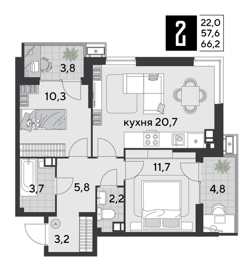 Найти недорогие квартиры в Краснодаре. Продажа 2-комнатной квартиры 66,2 м², 8/18 этаж