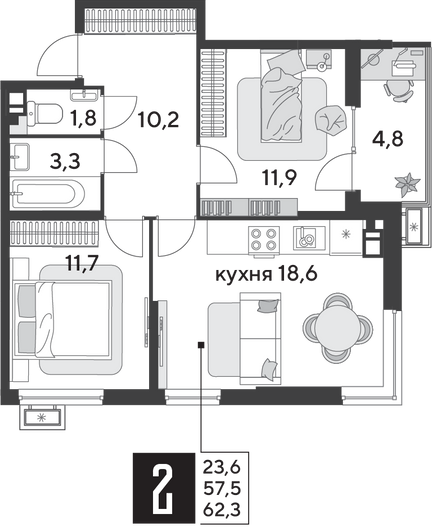 Найти недорогие квартиры в Краснодаре. Продажа 2-комнатной квартиры 62,3 м², 5/9 этаж